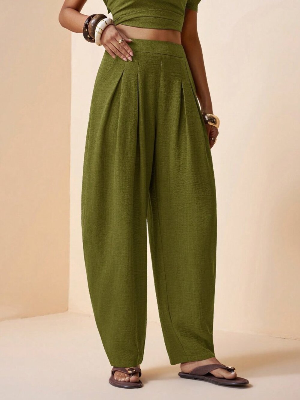 Army Green Casual Women's French-Style Pleated Pants - Picture 5 of 8